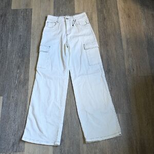 High-Rise Wide-Leg Cargo Jeans in Off-White
